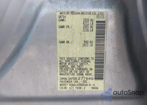 2013 Nissan Altima 2.5 Sl from USA, damaged, VIN 1N4AL3AP1DC277646